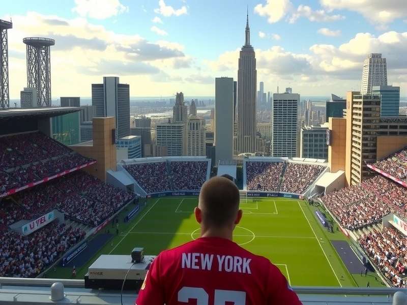 Aerial view of MetLife Stadium illuminated at night, prepared for a major event