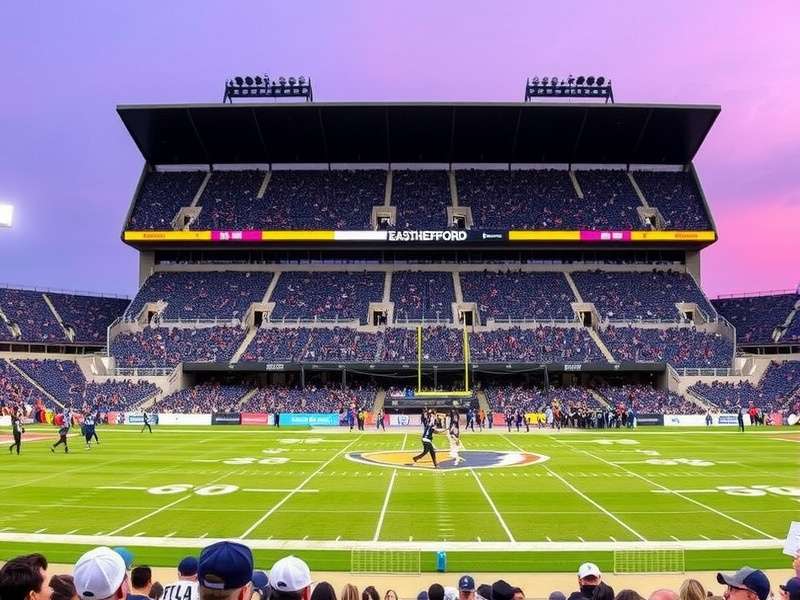 Aerial panoramic view of MetLife Stadium on a game day, showing full parking lots and the distinctive exterior