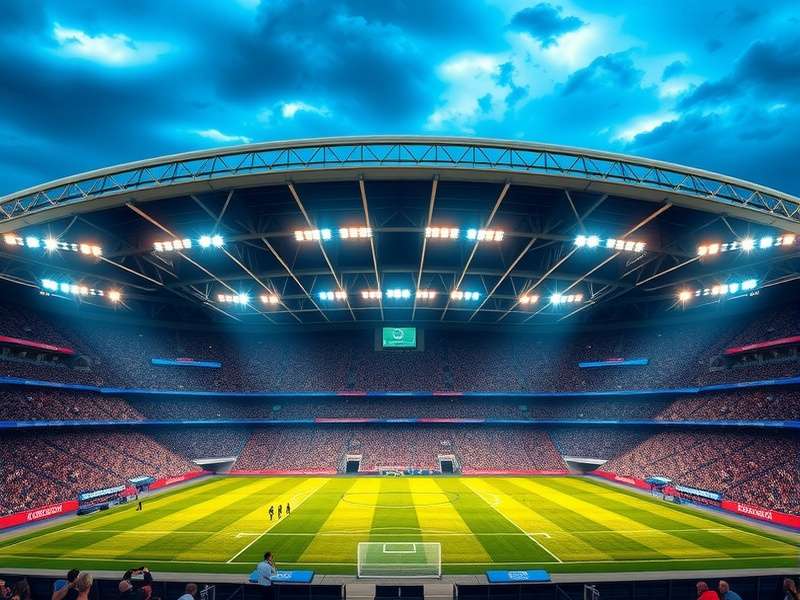 Aerial nighttime view of MetLife Stadium illuminated in blue and red