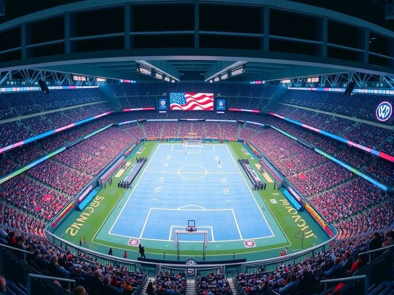 Aerial view of MetLife Stadium illuminated at night