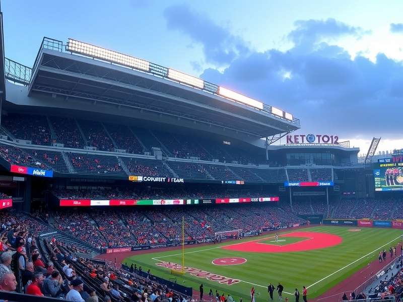 Aerial night view of MetLife Stadium illuminated in lights