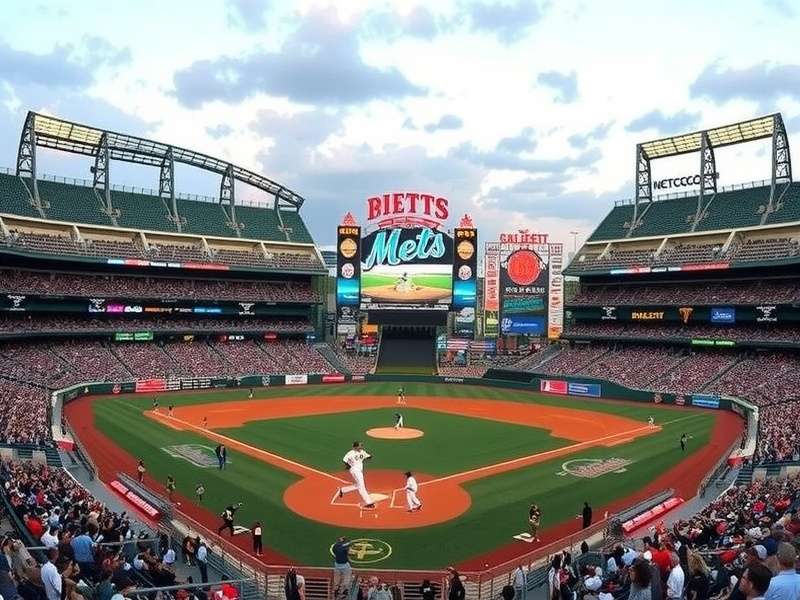 Grand entrance of MetLife Stadium in East Rutherford under clear blue sky