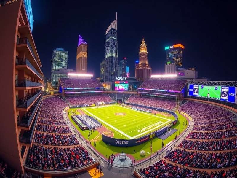 Aerial view of MetLife Stadium and surrounding hotels in the Meadowlands complex