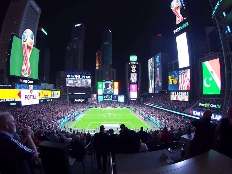 Aerial view of MetLife Stadium illuminated at night with World Cup branding