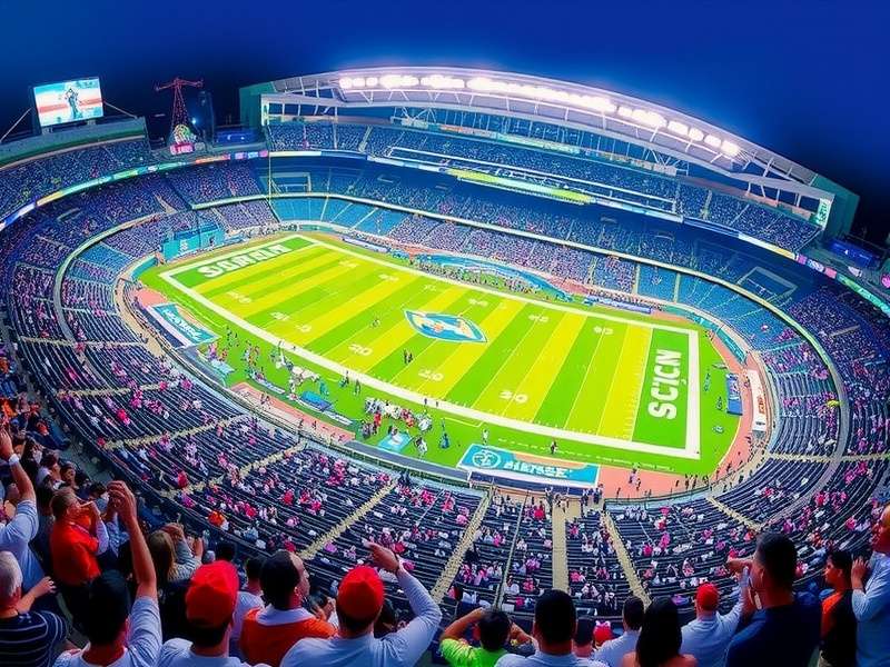 Aerial night view of MetLife Stadium illuminated