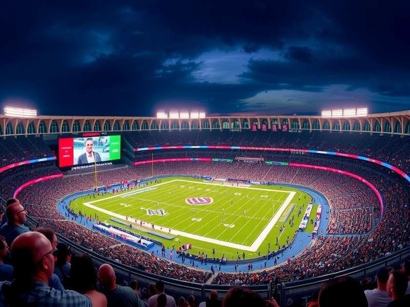 Aerial view of MetLife Stadium on a game day, showing full parking lots and crowd