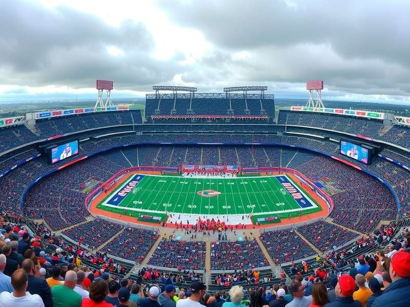 Aerial view of MetLife Stadium in East Rutherford, New Jersey, showing its distinctive exterior and parking lots