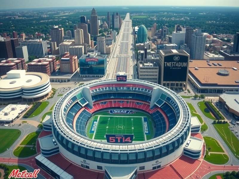 Aerial photograph of MetLife Stadium showing the full circular structure and surrounding parking lots