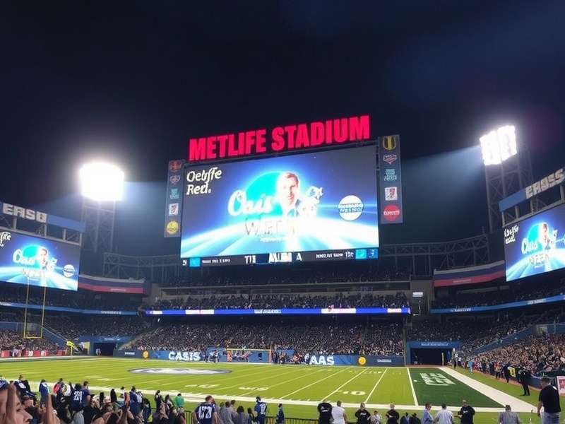 A panoramic view of the imposing MetLife Stadium exterior at dusk with lights on