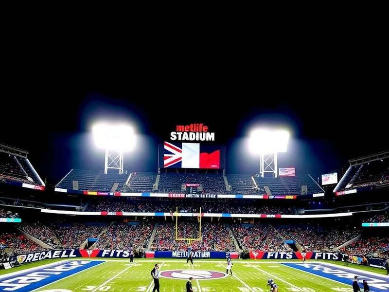Interior seating bowl of MetLife Stadium filled with fans during a night game