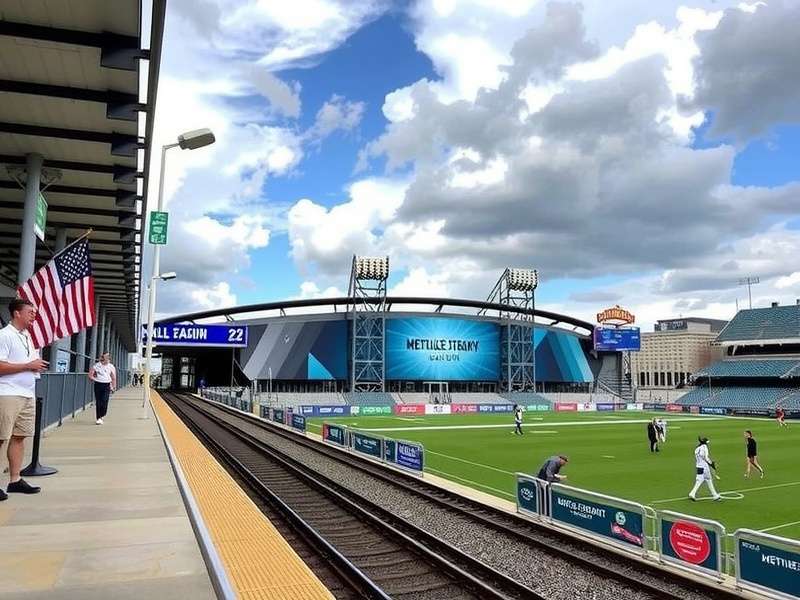 MetLife Stadium exterior with clear sky and parking lot