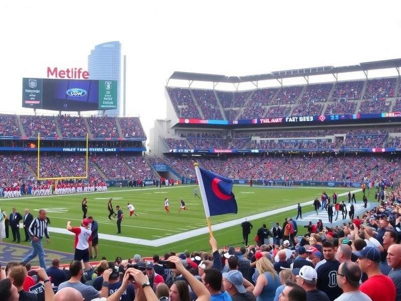 Vibrant tailgating scene at MetLife Stadium with fans grilling and celebrating