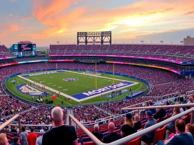 Panoramic view of MetLife Stadium with hotels in the background
