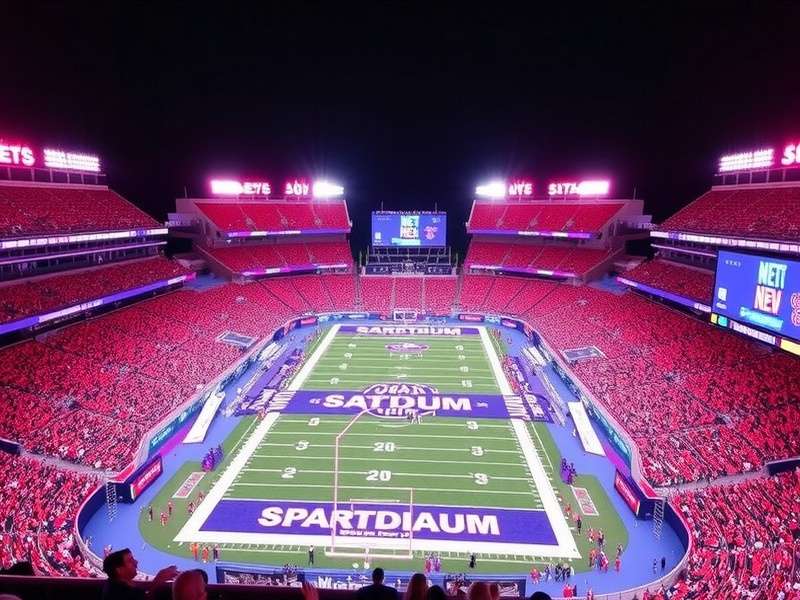 Aerial view of MetLife Stadium at One Metlife Stadium Drive, East Rutherford, showing its iconic exterior and parking lots