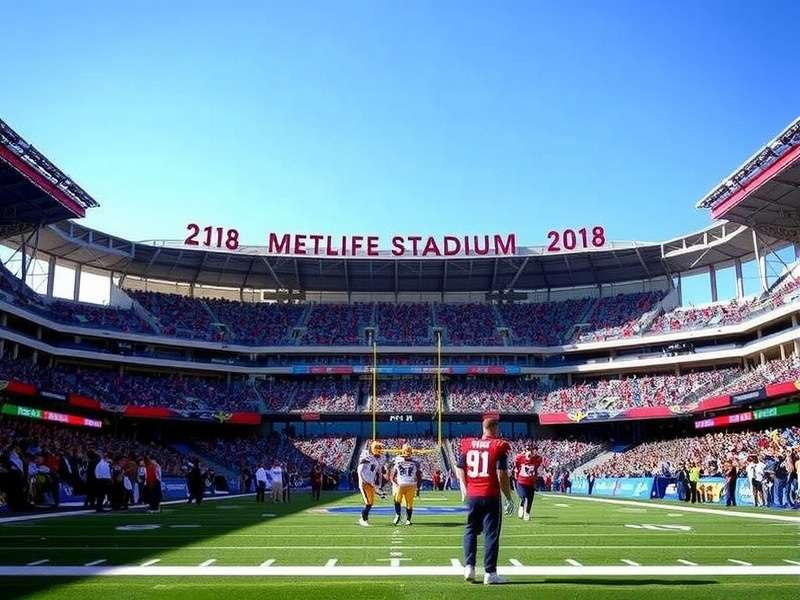 Aerial sunset view of MetLife Stadium, East Rutherford, New Jersey, with lights on