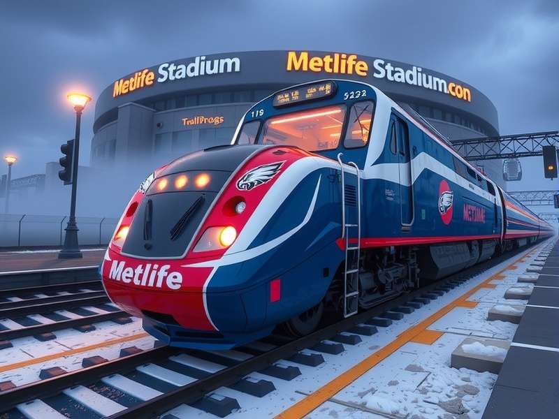Crowds of fans walking from train towards MetLife Stadium at dusk