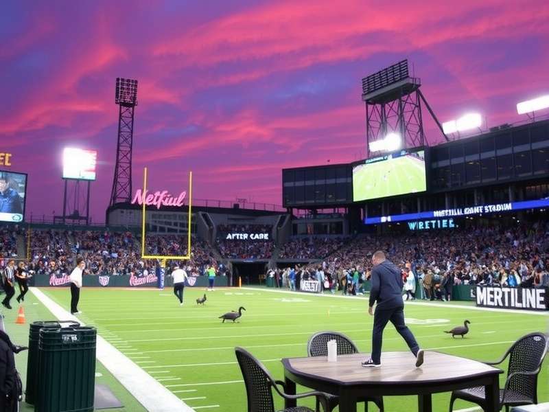Aerial view of MetLife Stadium with nearby airports marked