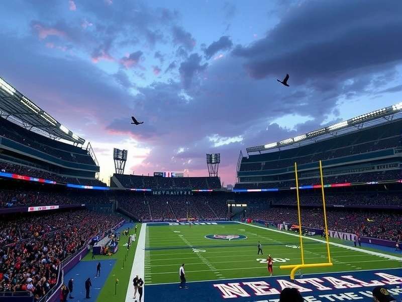 Aerial view of MetLife Stadium showing its iconic oval shape and surrounding parking lots