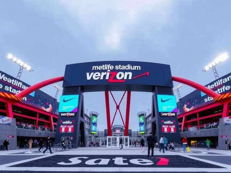 Crowd entering MetLife Stadium through a modern gate entrance