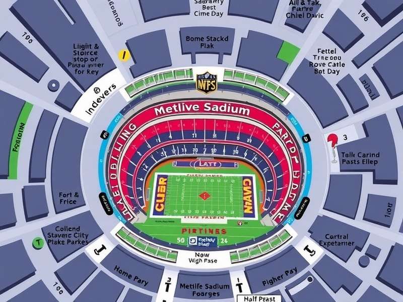 Aerial view of MetLife Stadium parking lots showing color-coded zones and traffic flow