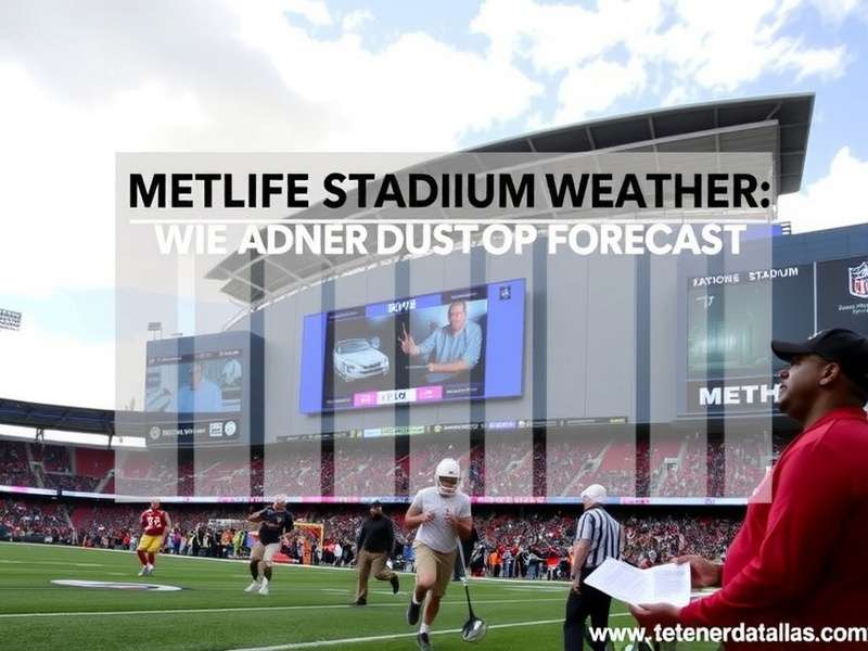 MetLife Stadium under dramatic cloudy sky with fans tailgating