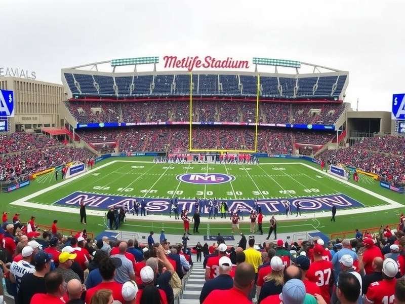 Aerial night view of MetLife Stadium illuminated, with parking lots full of cars