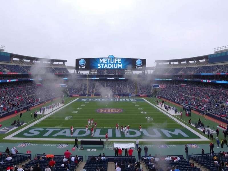 Aerial view of MetLife Stadium with weather illustration showing sun and clouds over the field