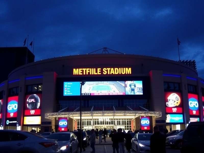 Aerial view of MetLife Stadium and surrounding shopping districts in East Rutherford, NJ