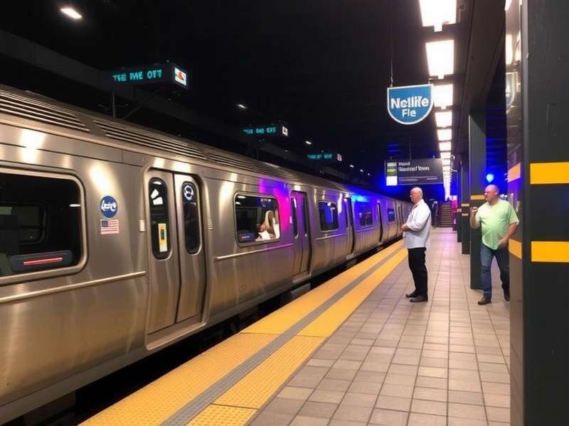 NJ Transit train arriving at Meadowlands station near MetLife Stadium on a bright game day