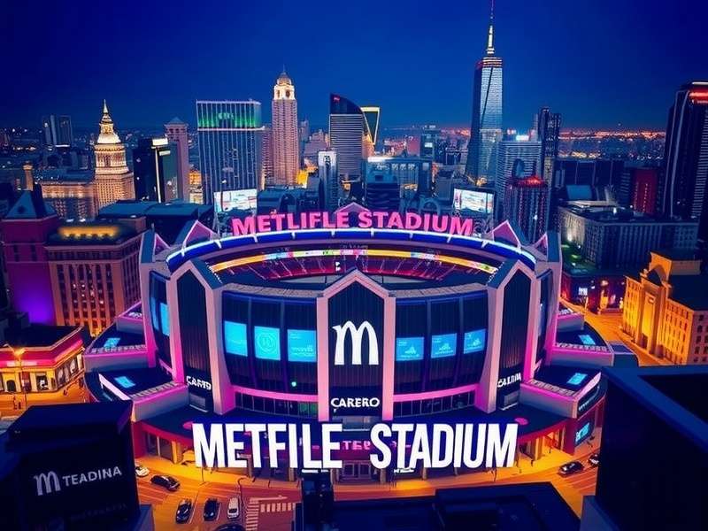 Aerial view of MetLife Stadium and surrounding hotels in East Rutherford, New Jersey