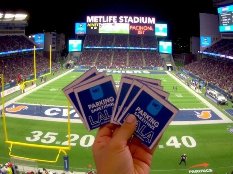 Aerial view of MetLife Stadium parking lots with cars lined up for game day.