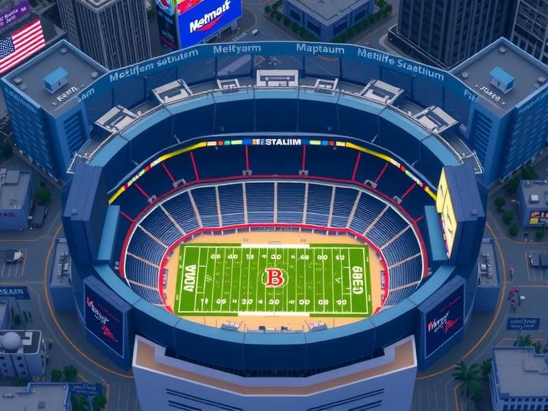 Detailed aerial view map of MetLife Stadium showing gates, parking lots, and concourse layout at East Rutherford, NJ