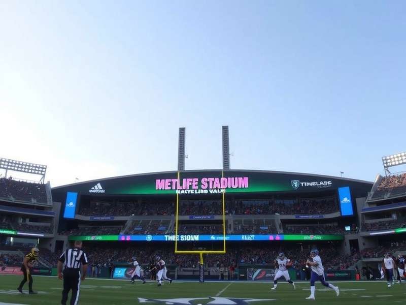 MetLife Stadium aerial view with Giants and Jets branding on field