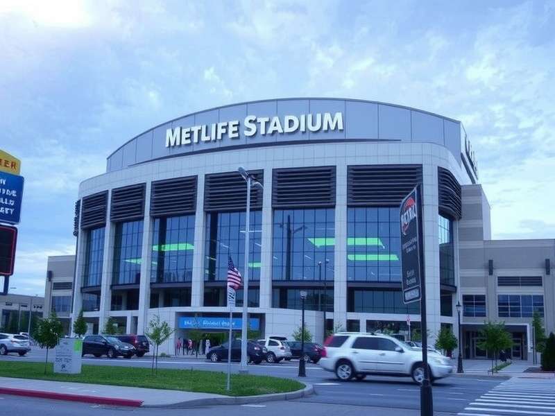 MetLife Stadium aerial view with parking lots and tailgating fans on game day