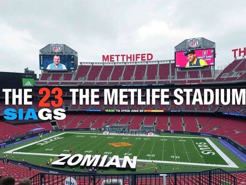 MetLife Stadium aerial view at sunset with full capacity crowd