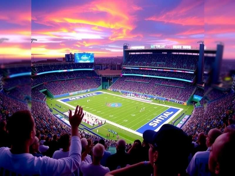 Aerial view of MetLife Stadium lit up at night during a concert