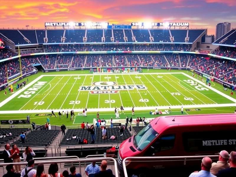 Aerial view of MetLife Stadium with shuttle buses parked outside during game day