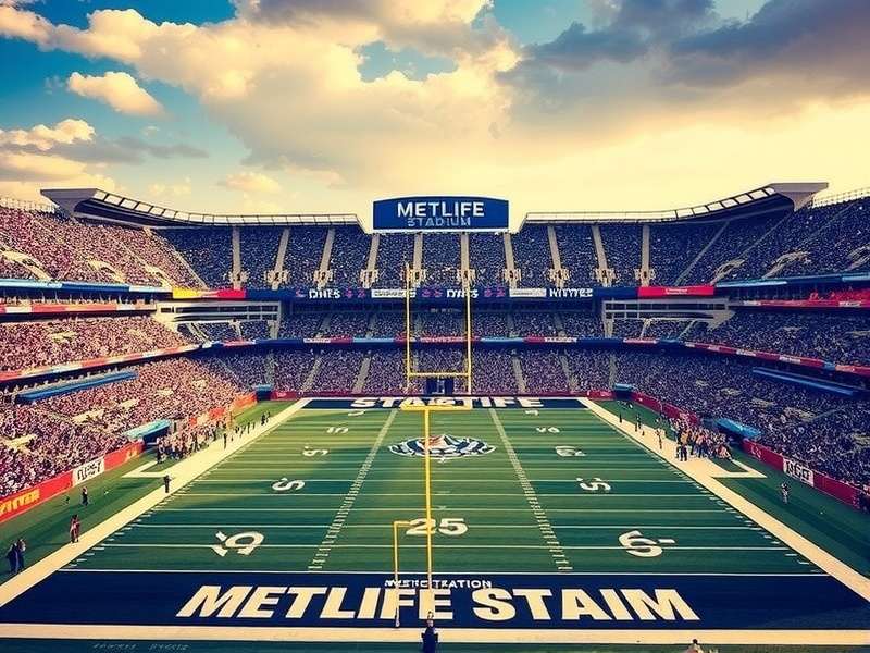 Aerial view of MetLife Stadium in East Rutherford, New Jersey, showing the massive bowl structure and surrounding parking lots