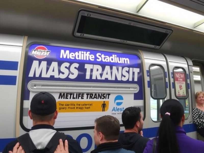 MetLife Stadium aerial view with NJ Transit trains and buses at the station