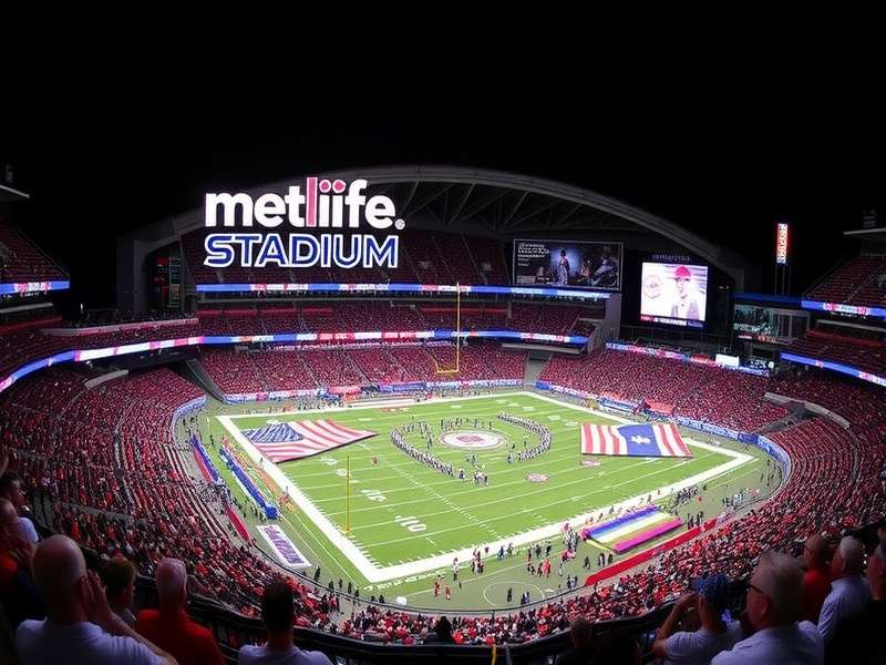 Aerial view of MetLife Stadium in East Rutherford New Jersey showing the massive stadium structure and surrounding parking lots