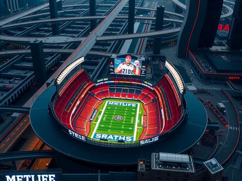 Aerial view of MetLife Stadium showing the entire venue bowl, parking lots, and surrounding Meadowlands landscape