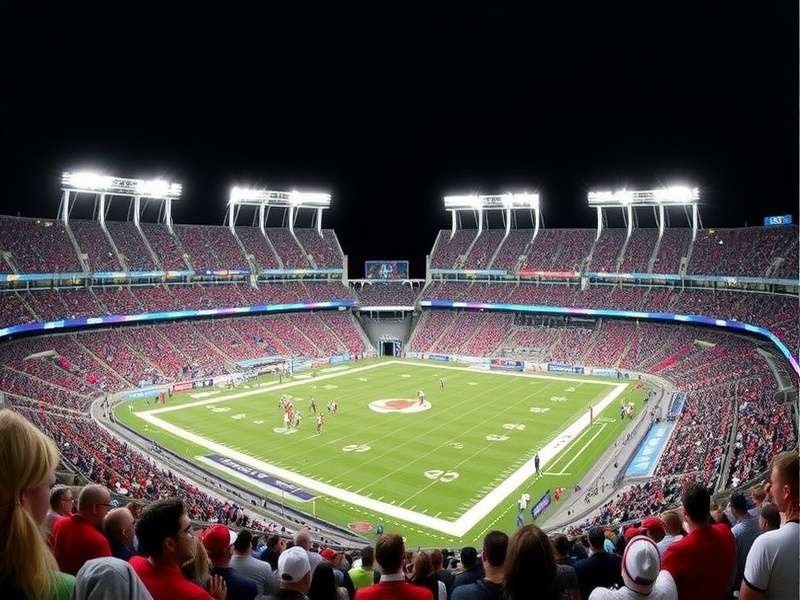 Panoramic view of MetLife Stadium illuminated at dusk, with the field glowing under floodlights