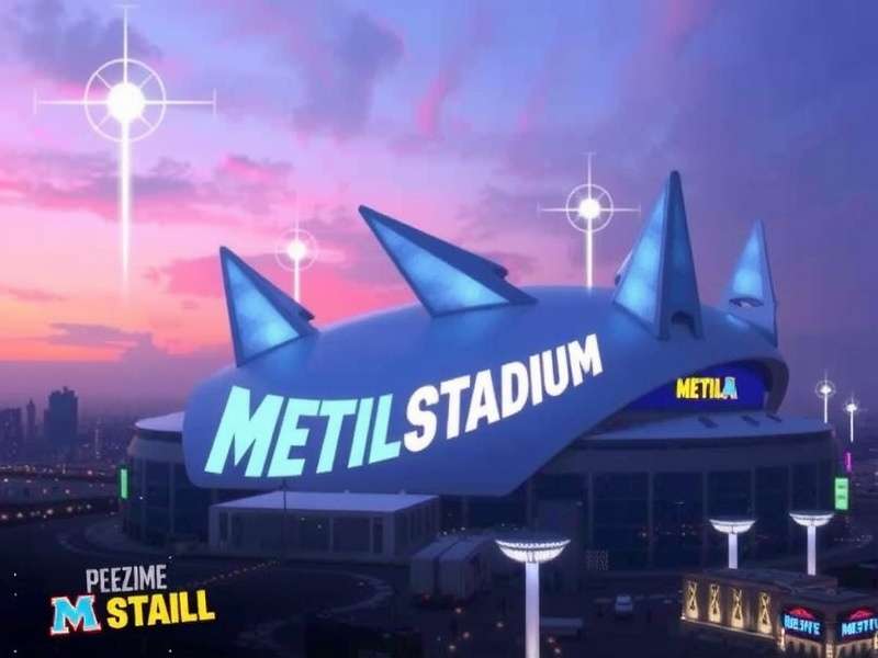 MetLife Stadium aerial view with surrounding parking lots and public transport hubs