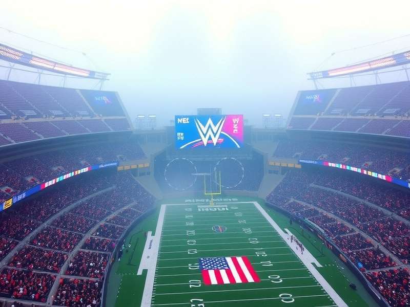 WWE event at MetLife Stadium with packed crowd and dramatic lighting